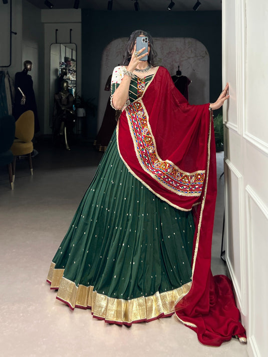 Navratri Green Sequins Gamthi Embroidered Chiffon Fully Stitched Lehenga Choli