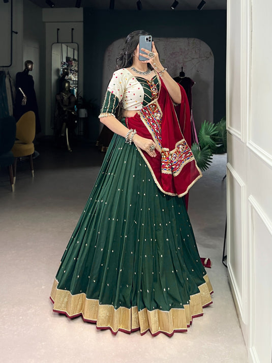Navratri Green Sequins Gamthi Embroidered Chiffon Fully Stitched Lehenga Choli