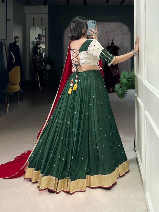 Navratri Green Sequins Gamthi Embroidered Chiffon Fully Stitched Lehenga Choli