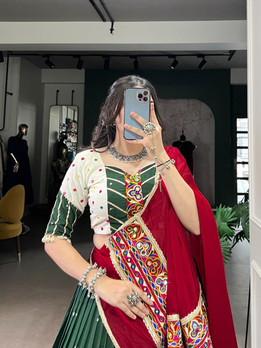 Navratri Green Sequins Gamthi Embroidered Chiffon Fully Stitched Lehenga Choli