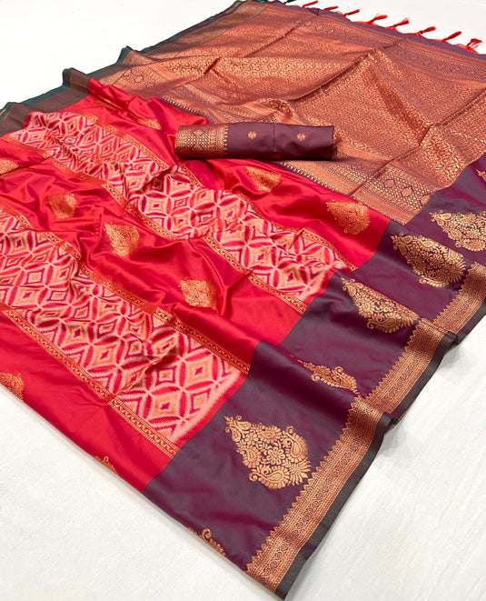 Wine Handloom Pochampally Weaving Silk Festive Wear Saree For Women