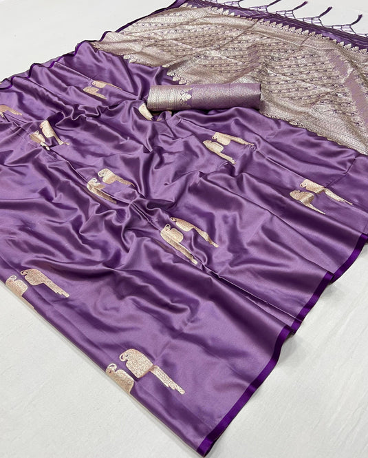Wine Satin Handloom Weaving Party Wear Saree For Women
