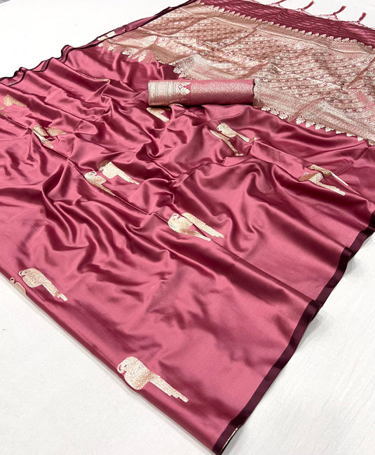 Wine Satin Handloom Weaving Party Wear Saree For Women