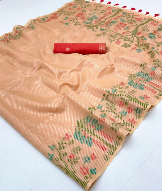 Pink Handloom Zari Tissue Brasso Weaving Festive Saree For Women