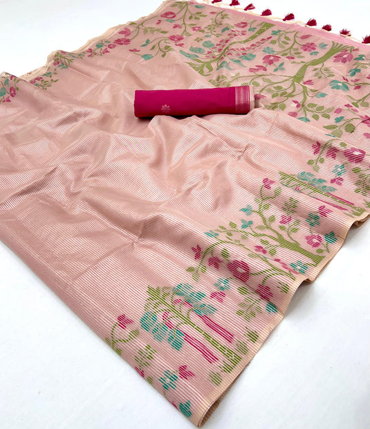 Pink Handloom Zari Tissue Brasso Weaving Festive Saree For Women