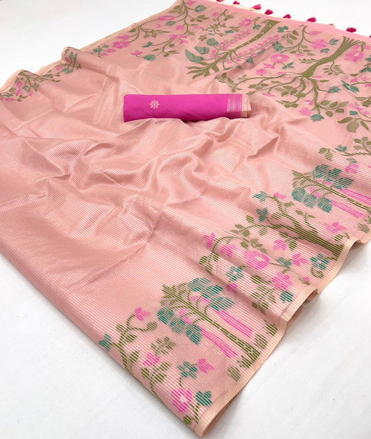 Pink Handloom Zari Tissue Brasso Weaving Festive Saree For Women