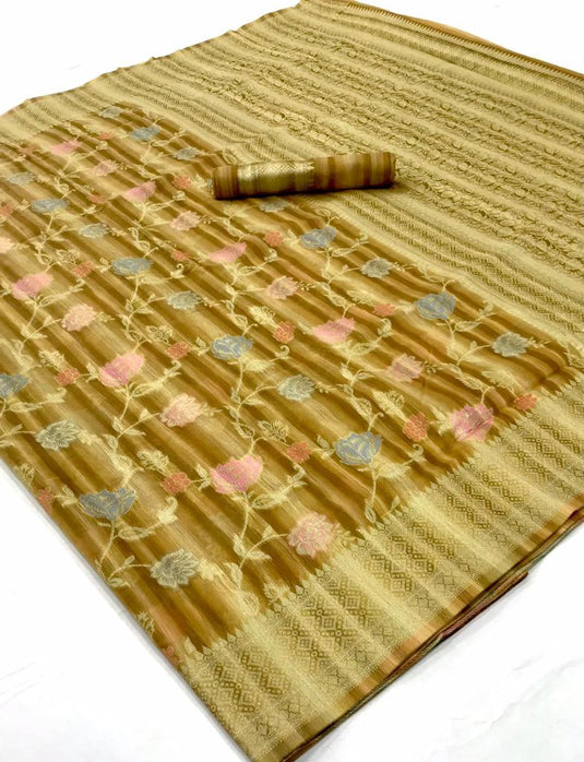 Rust Handloom Woven Linen Festive Wear Saree For Women