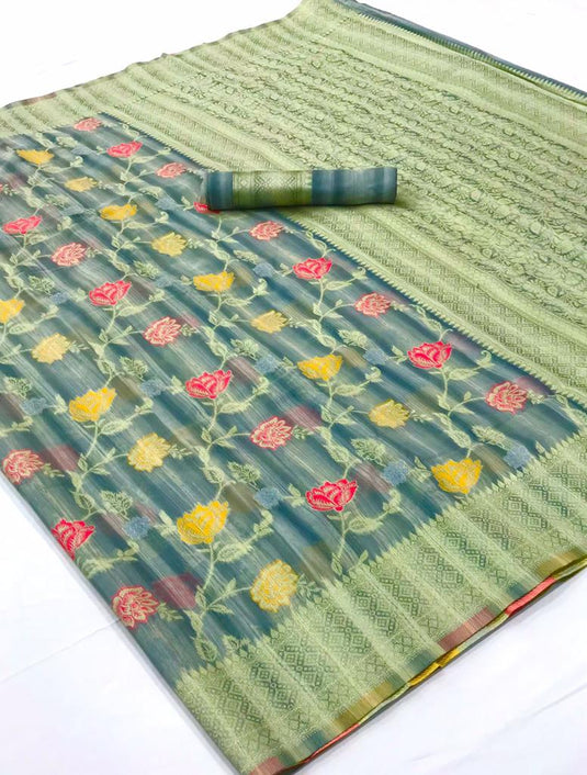Rust Handloom Woven Linen Festive Wear Saree For Women