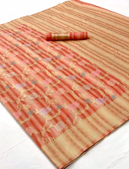 Rust Handloom Woven Linen Festive Wear Saree For Women