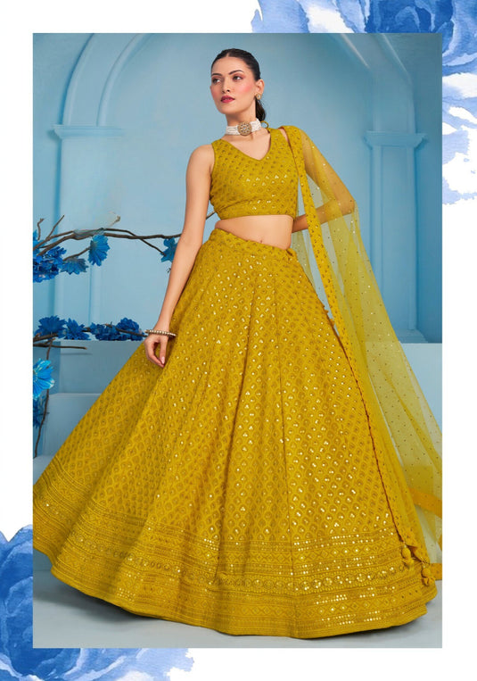 Beige Georgette Sequins & Thread Embroidered Semi Stitched Bridal Lehenga Choli