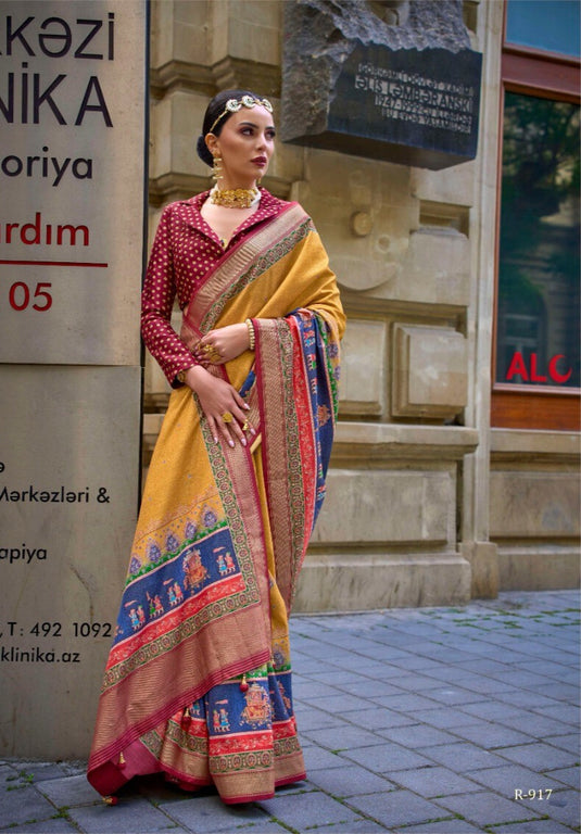 Yellow Poly Viscose Silk Foil Print Woven Festive Wear Saree