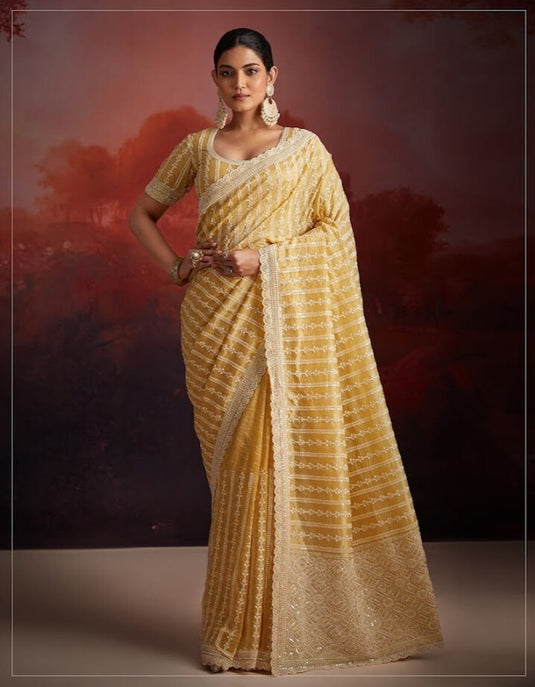 Beige Georgette Thread & Sequins Embroidered Festive Wear Saree with Blouse