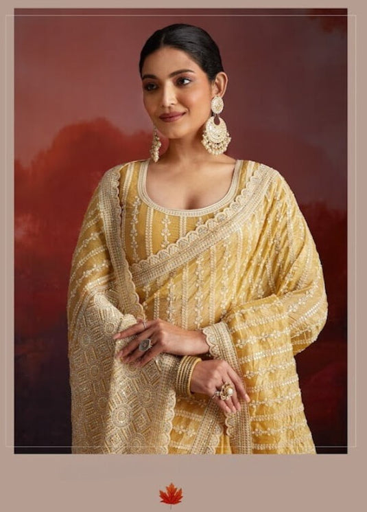 Beige Georgette Thread & Sequins Embroidered Festive Wear Saree with Blouse