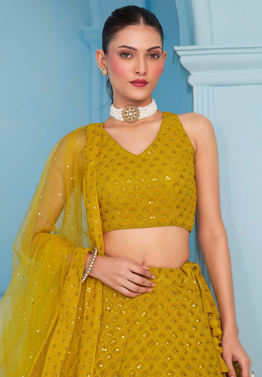 Beige Georgette Sequins & Thread Embroidered Semi Stitched Bridal Lehenga Choli