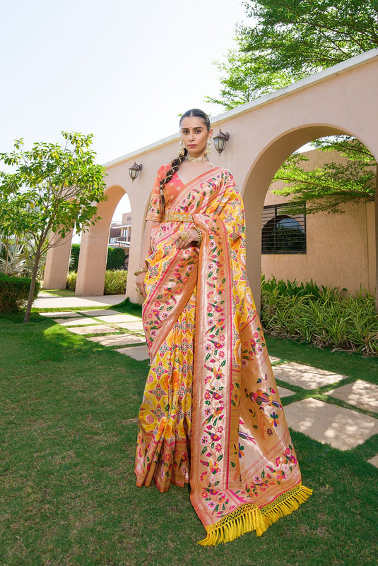 Yellow Banarasi Soft Silk Paithani Patola Saree