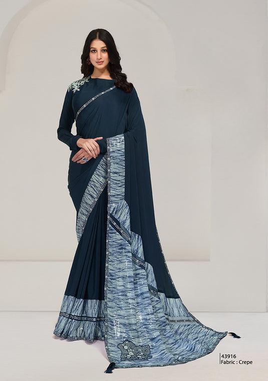 Designer Dark Pink Sequins Hand Embroidered Crepe Satin Silk Georgette Festive Wear Saree