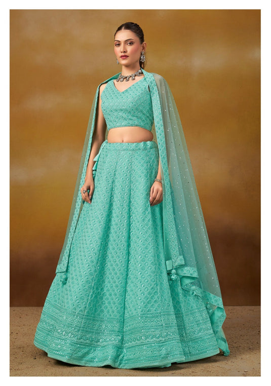 Grey Georgette Sequins & Thread Embroidered Semi Stitched Wedding Wear Lehenga Choli