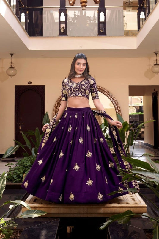 Green Vichitra Silk Sequins & Pearl Embroidered Semi Stitched Bridal Lehenga Choli