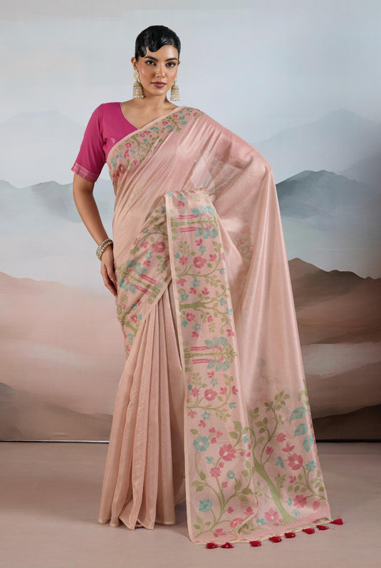 Pink Handloom Zari Tissue Brasso Weaving Festive Saree For Women