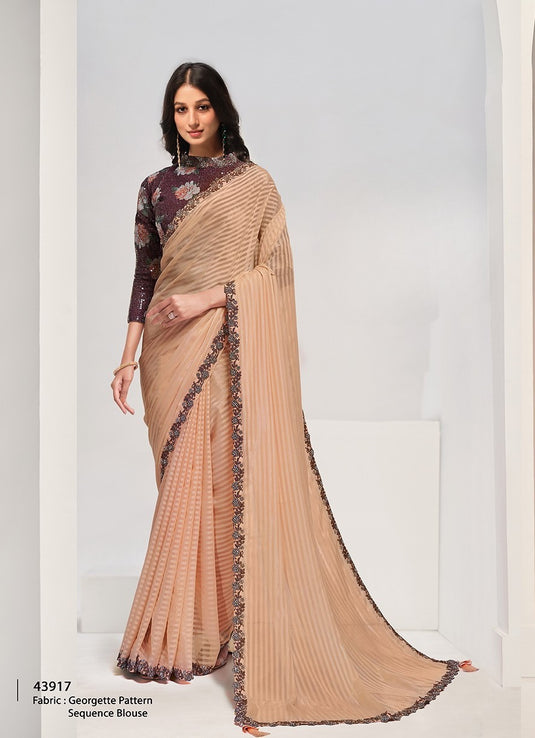 Designer Dark Pink Sequins Hand Embroidered Crepe Satin Silk Georgette Festive Wear Saree