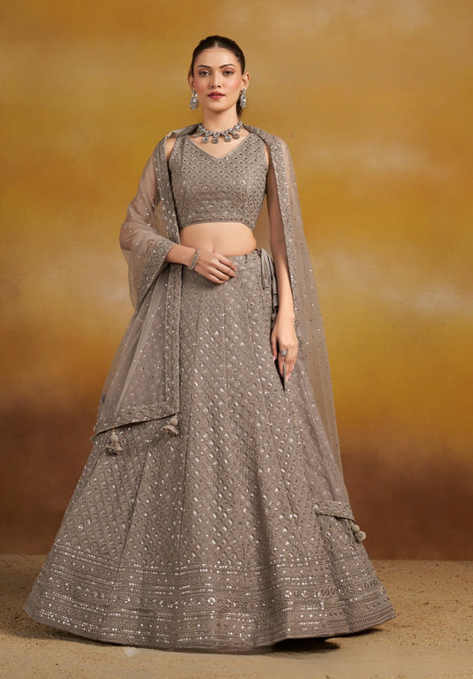 Grey Georgette Sequins & Thread Embroidered Semi Stitched Wedding Wear Lehenga Choli