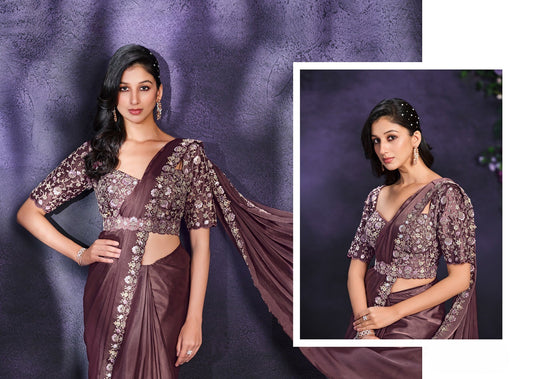 Elegant Sky Blue Sequins Embroidered Georgette Crepe Satin Silk Stone Moti Work Festive Saree with Readymade Heavy Blouse with Waist Belt