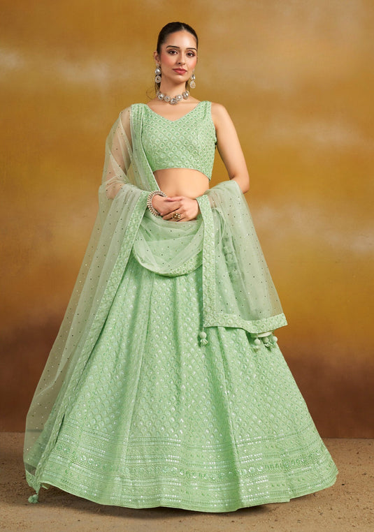 Grey Georgette Sequins & Thread Embroidered Semi Stitched Wedding Wear Lehenga Choli