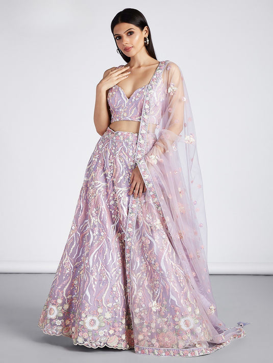 Cream Net Sequins Embroidered Semi Stitched Wedding Wear Lehenga Choli