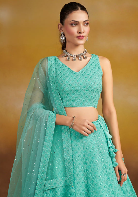 Grey Georgette Sequins & Thread Embroidered Semi Stitched Wedding Wear Lehenga Choli