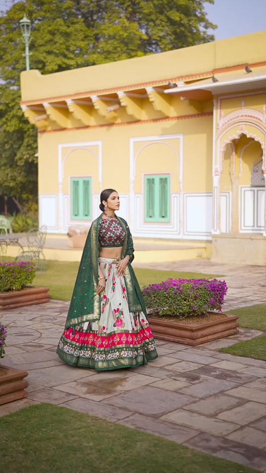White-Green Tussar Silk Floral And Patola Print Semi Stitched Lehenga Choli