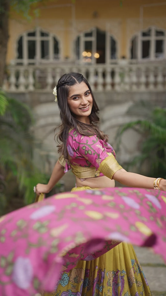 Pink-Green Dola Silk Floral Print Semi-Stitched Lehenga Choli