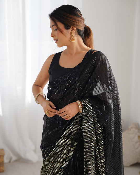 Elegant Black Sequins Embroidered Georgette Party Wear Saree For Women