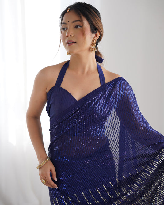 Elegant Black Sequins Embroidered Georgette Party Wear Saree For Women