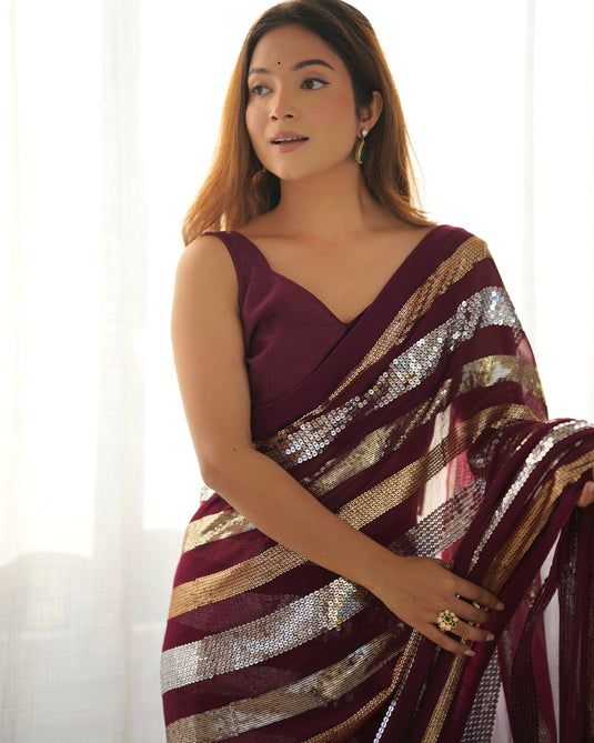 Classic Black Sequins Embroidered Georgette Party Wear Saree For Women