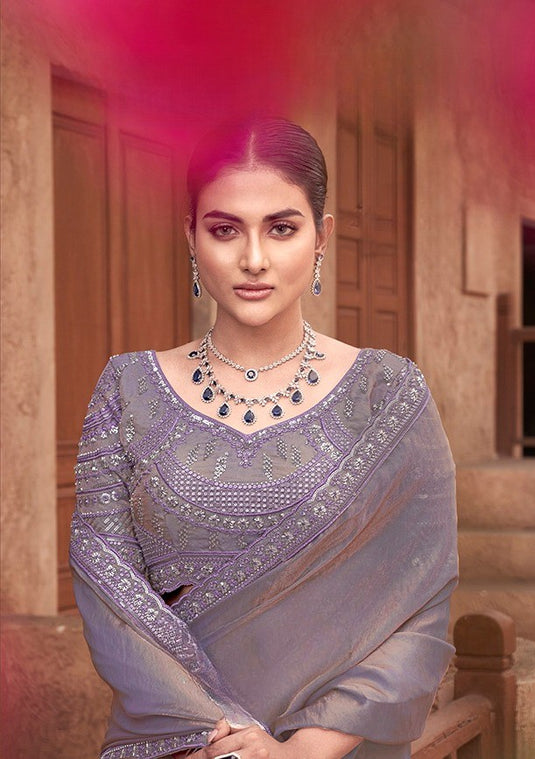 Elegant Mauve Hand Embroidery Work Gradient Satin Silk Festive Saree with Readymade Heavy Blouse