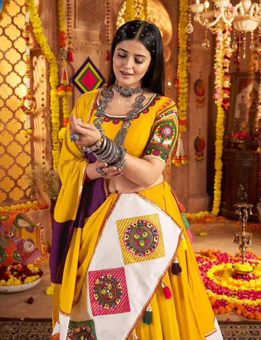 Navratri Special Yellow Viscose Cotton Kutchi Embroidery Work Fully Stitched Lehenga Choli