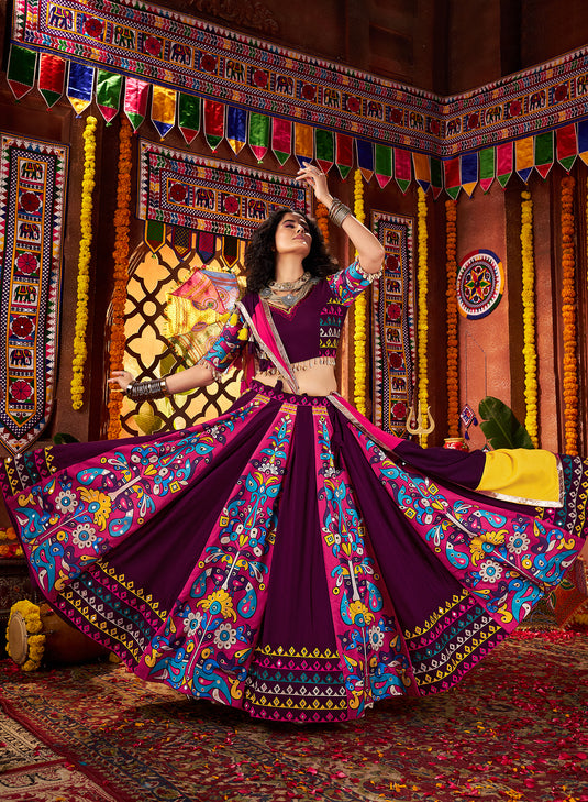 Navratri Special Purple Viscose Cotton Gajji Silk Embroidered Fully Stitched Festive Wear Lehenga Choli