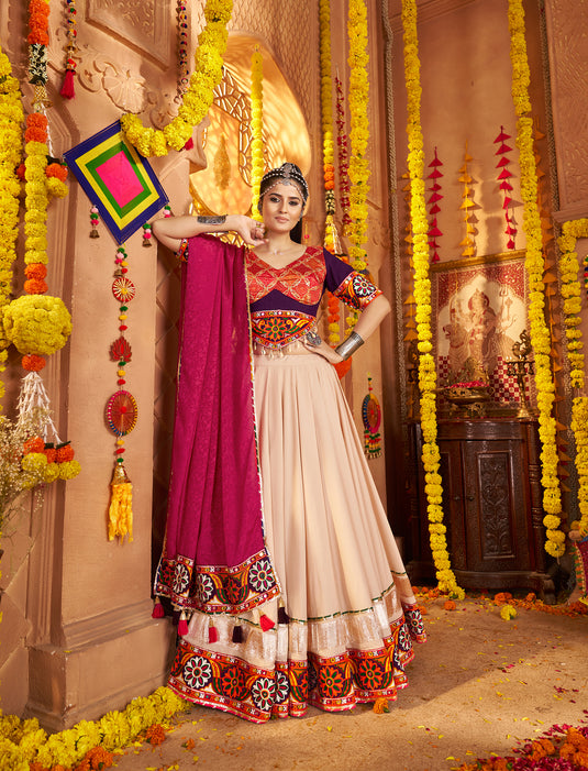 Navratri Special Beige Viscose Rayon Embroidered Ready Made Fully Stitched Lehenga Choli