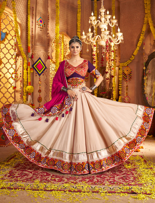 Navratri Special Beige Viscose Rayon Embroidered Ready Made Fully Stitched Lehenga Choli