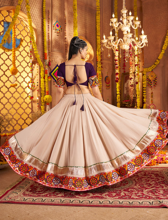 Navratri Special Beige Viscose Rayon Embroidered Ready Made Fully Stitched Lehenga Choli