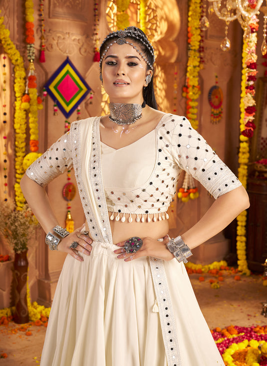 Navratri Special White Viscose Rayon Embroidered Ready Made Fully Stitched Lehenga Choli