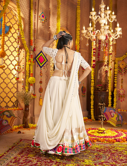 Navratri Special White Viscose Rayon Embroidered Ready Made Fully Stitched Lehenga Choli