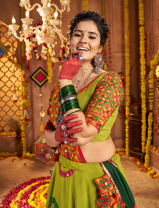 Navratri Special Green Viscose Cotton Ready Made Fully Stitched Gamthi Work Lehenga Choli