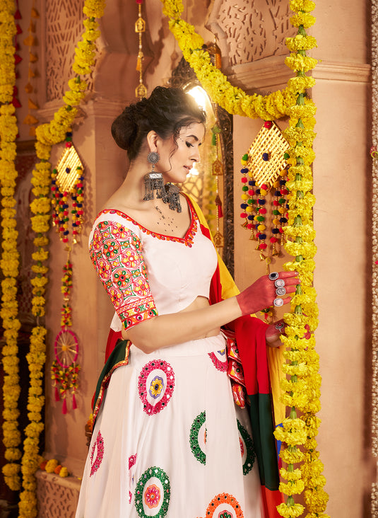 Navratri Special White Viscose Cotton Ready Made Fully Stitched Gamthi Work Lehenga Choli