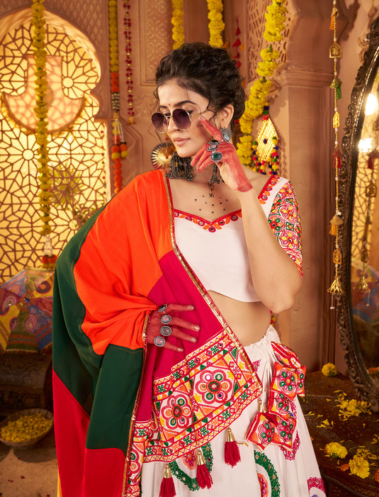Navratri Special White Viscose Cotton Ready Made Fully Stitched Gamthi Work Lehenga Choli