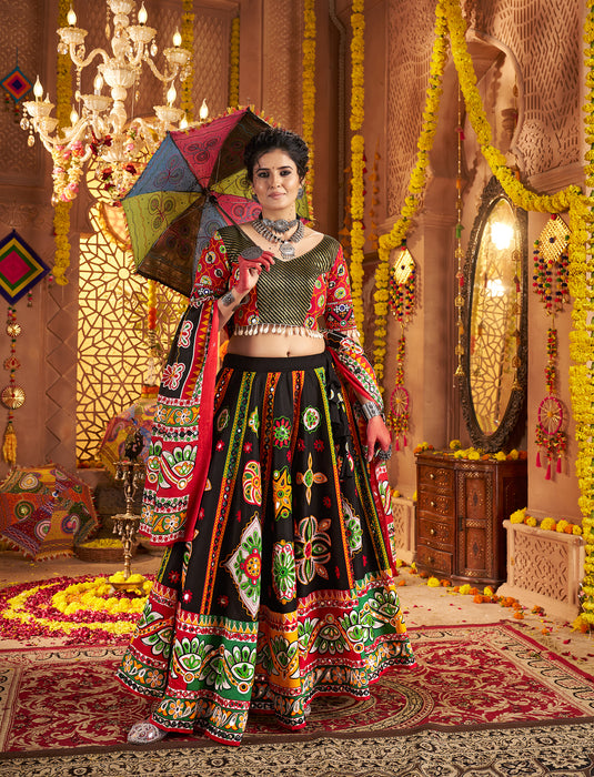 Navratri Special Black Organic Cotton Aari Foil Work Fully Stitched Festive Wear Lehenga Choli