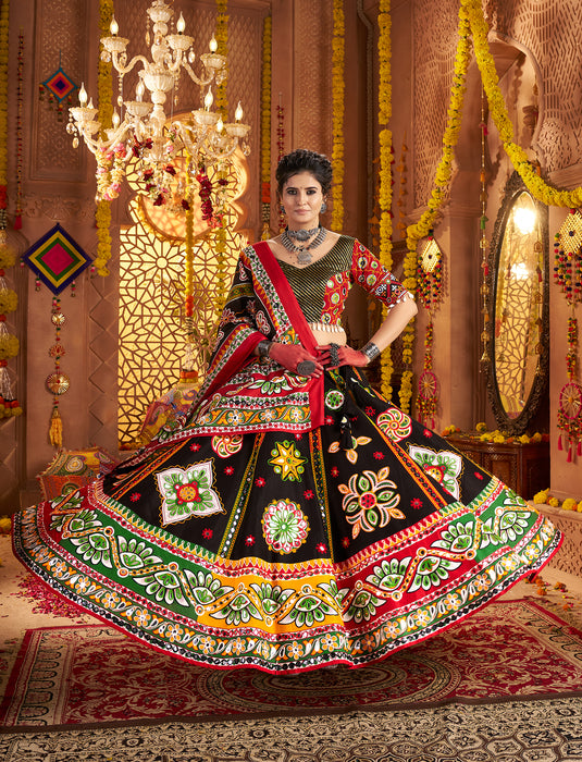 Navratri Special Black Organic Cotton Aari Foil Work Fully Stitched Festive Wear Lehenga Choli