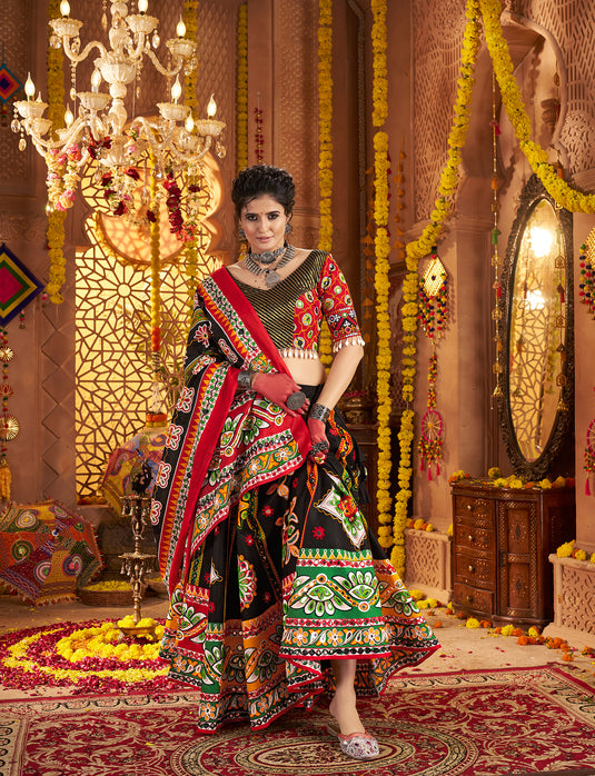 Navratri Special Black Organic Cotton Aari Foil Work Fully Stitched Festive Wear Lehenga Choli