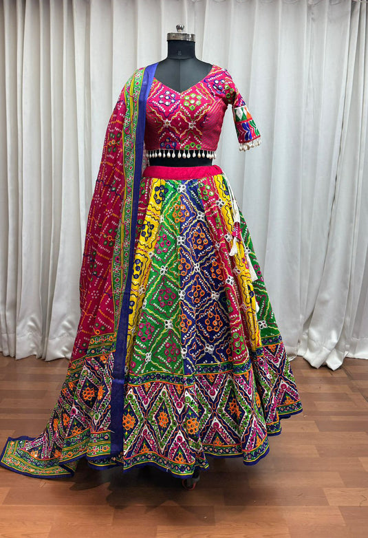 Navratri Special Multicolor Organic Cotton Aari Foil Work Fully Stitched Festive Wear Lehenga Choli