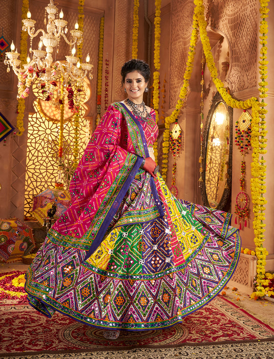 Navratri Special Multicolor Organic Cotton Aari Foil Work Fully Stitched Festive Wear Lehenga Choli